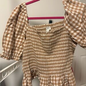 J. Crew Tan and White Puff Sleeve Blouse